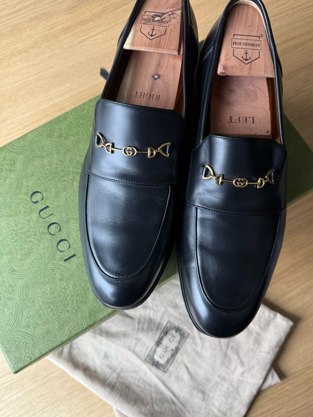 Gucci Men’s Black Leather Horsebit Loafers Gold GG Hardware Size 9.5 Italy
